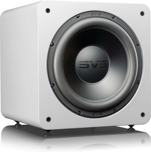 SVS SB-2000 Pro vit lackerad basreflexlåda, frontvy, svart rund högtalare i mitten, vit kubisk låda