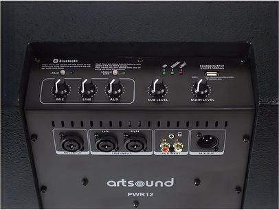 Акустична система ArtSound PWR12, задній вигляд: чорна панель керування з регуляторами рівня та входами для мікрофона, лінійного сигналу й RCA