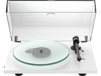 Hi-Fi-levysoitin Pro-Ject T2 Super Phono mattavalkoinen, läpinäkyvä lasilautanen, musta äänivarsi ja akryylikansi