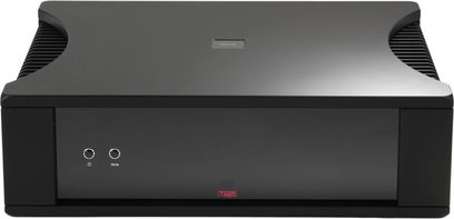 Amplificatore integrato stereo Rega Solis nero, frontale minimalista con pulsanti standby e mute, vista frontale
