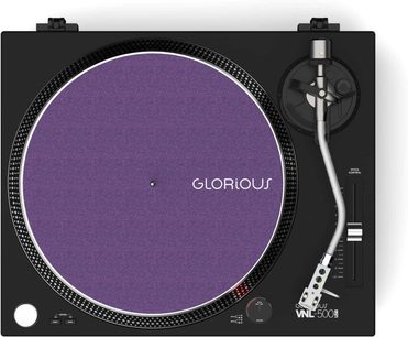 Glorious VNL-500 USB sort pladespiller set ovenfra, lilla pladetallerken, sølvfarvet tonearm, kontroller på højre side