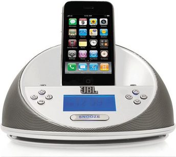 Metalgrå JBL On Time Micro-dockingstation, blå LCD-skærm, iPod/iPhone-dock, indbyggede stereohøjtalere