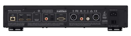 Bagsidepanel på UHD Blu-ray-afspilleren UDP800 MKII med HDMI-, LAN- og USB-porte, koaksiale og optiske lydudgange, XLR- og RCA-udgange samt netstik