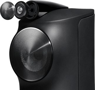Bowers & Wilkins Formation Duo sort højttaler, nærbillede forfra, cirkulære højttalere, central diskant, mat sort kabinet