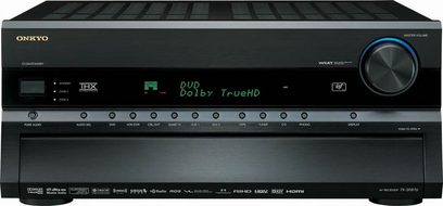 Facciata nera dell'amplificatore home theater Onkyo TX-SR876, display blu, manopole rotanti, porte USB e HDMI