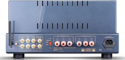 Cayin Jazz 90 KT88 rørforstærker, gråt metalhus, bagsidevisning, RCA, højttalerterminaler, rørvælger, IEC-stik