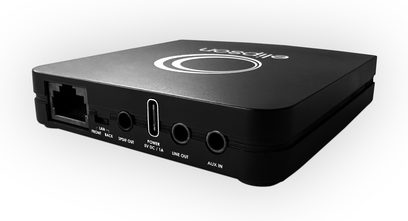 Síťový audio přehrávač Elipson Stream S300 Xi černý, pohled zepředu, s konektory LAN, přední/zadní panel, SPDIF out, napájení, line out, aux in