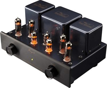 Cayin MT-12N EL84 sort integreret stereo rørforstærker, sort børstet metalchassis med seks glødende vakuumrør, tre firkantede transformatorhætter bagpå og to store runde knapper på fronten, set i let fugleperspektiv fra trekvart vinkel forfra