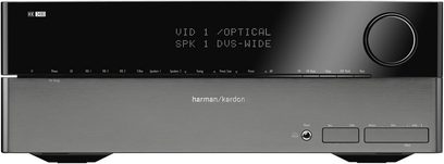 Harman Kardon HK 3490 stereo hi-fi-forstærker, set forfra, VFD-display, knapper og kontrolhjul, sort og sølvfarvet front