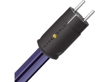 Aurora 10 Power nätkabel med lila hölje, svart cylindrisk kontakt, gyllene logotyp, 2 metallstift
