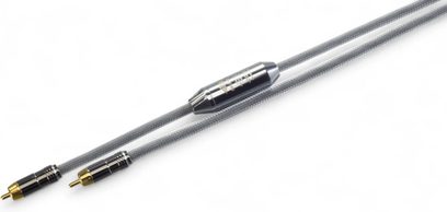 Cable de audio RCA Siltech Explorer 90i 1 m, funda trenzada gris, conectores dorados, separador metálico, vista superior