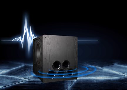 Sort hjemmebio-subwoofer, kabinet i træ, sidehøjttaler og tre frontporte, blå bølgeeffekter