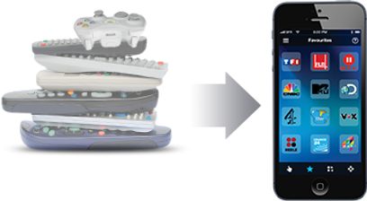 Logitech Harmony Smart Control universal remote in gray and white with multicolored buttons, shown from front and side views, and smartphone displaying its user interface