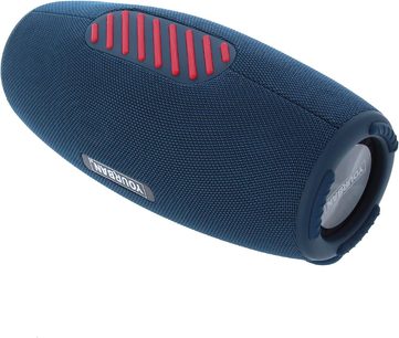 Bluetooth-højttaler Yourban Getone 45 blå, cylindrisk form, tekstureret stof, røde detaljer, perspektivvisning, synligt logo