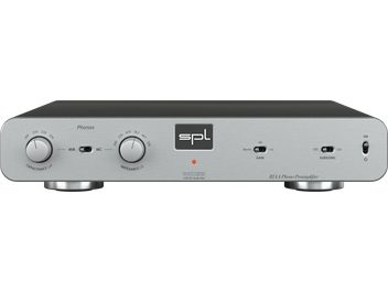 Preamplificator phono SPL Phonos argintiu cu fațadă dreptunghiulară, 2 butoane rotative, 3 întrerupătoare, 1 indicator luminos roșu