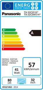 Europæisk energimærke for Panasonic TX-32CS510E TV, energiklasse A+, årligt energiforbrug 57 kWh