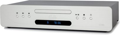 Lecteur CD Atoll Electronique CD80 Evolution, vue de face, boîtier rectangulaire, finition argentée, écran numérique central, boutons circulaires