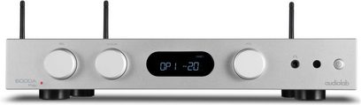 Stereo integrert hi-fi-forsterker Audiolab 6000A Play sølv med rektangulær front, 4 sirkulære knapper, sentralskjerm og 2 antenner