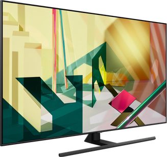 Samsung QE65Q70T 2020 platt-TV, framifrån, visar färgglada abstrakta geometriska former