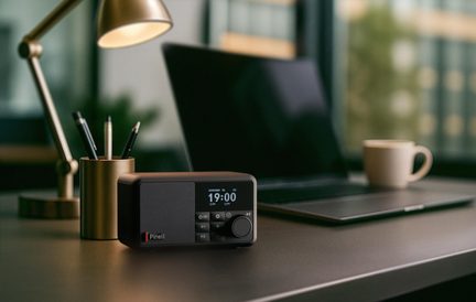 Černé digitální rádio z plastu, textilní mřížka, LCD displej a velké otočné tlačítko, pohled z předního tříčtvrtečního úhlu na stole