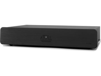 Atoll PH100 Phono-Vorverstärker schwarz, kompaktes rechteckiges Gehäuse aus matt gebürstetem Aluminium, graviertes Logo, Vorderansicht