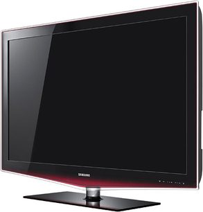 Samsung LE37B651 37-tommer fladskærms-tv, sort og rødt kabinet, på fod, forfoto på hvid baggrund