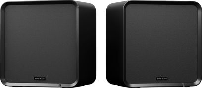 Paar zwarte EverSolo SE100 boekenplankspeakers, vooraanzicht, rechthoekig ontwerp met afgeronde hoeken en stoffen grille