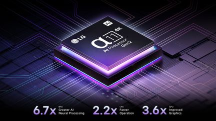 Svart, firkantet prosessor med metallisk finish sett i perspektiv, iriserende lilla-blå kanter, oversiden merket med teksten «α11 AI Processor Gen2», plassert på en stilisert bakgrunn av et kretskort