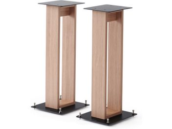 Supporto per altoparlanti Norstone Design Alva plus rovere chiaro, vista frontale, 2 colonne rettangolari, basi nere, viti argentate