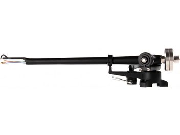 Braço para toca-discos Rega RB880, vista lateral, acabamento preto, cabos coloridos, contrapeso metálico, suporte de fixação