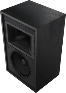 Diffusore da scaffale Klipsch Rebellion nero, vista di tre quarti, con tromba rettangolare e altoparlante a vista