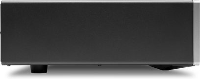 Cambridge Audio EXA100 integrált sztereó hi-fi erősítő, bal oldali nézet, fekete téglalap alakú ház, látható alul a láb