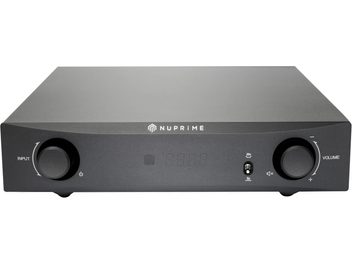Amplificador de alta fidelidad estéreo Nuprime IA-9X negro, vista frontal, con botones de volumen y entrada, pantalla LED central
