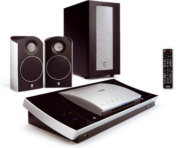 Yamaha DVX-1000 hjemmebiograf-system med DVD-afspiller, 2 boghylde-højttalere, subwoofer og fjernbetjening, set forfra
