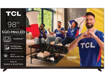Televizor TCL 98X11L 98 palců, plochá obrazovka s tenkým rámečkem se scénou fanoušků a Olivierem Giroudem
