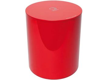 Elipson Planet Sub red lacquered cylindrical subwoofer, front view, with a smooth and glossy surface