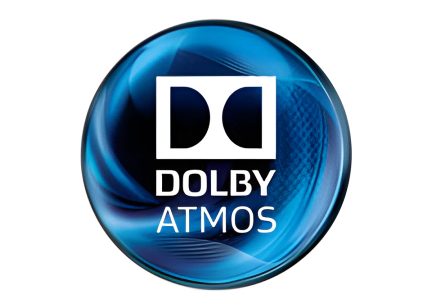 Dolby Atmos-logo i blåt og hvidt på sort baggrund, set forfra