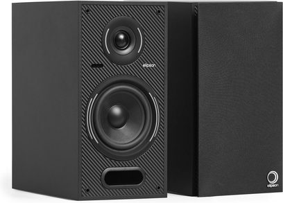 2 aktivní reproduktory Elipson Horus 6 BT Phono v matné černé, ozvučnice s karbonovou texturou, výškový reproduktor, basový reproduktor, bassreflexový otvor, textilní mřížka, pohled ze 3/4