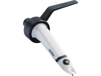 Celulă DJ Ortofon Concorde MKII SCRATCH albă și neagră, vedere din profil stânga, vârful de diamant vizibil