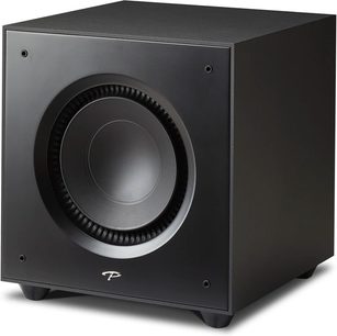 Paradigm Defiance X12 sort satineret subwoofer, frontvisning, cirkulær frontport, mat sort kubisk kabinet