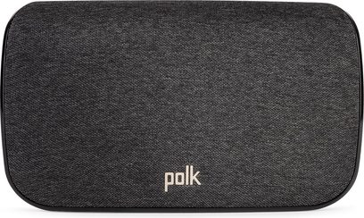 Zvuková lišta Polk React Sound Bar v černé barvě, pohled zepředu, protáhlý obdélníkový tvar, povrch z tmavé síťoviny