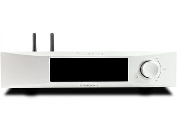 Lettore audio di rete NuPrime Stream 9X argento, vista frontale con ampio schermo nero, manopola e due antenne posteriori