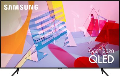 Samsung QLED-tv QE75Q60T 2020 van voren gezien, scherm met kleurrijke geometrische vormen op een roze achtergrond