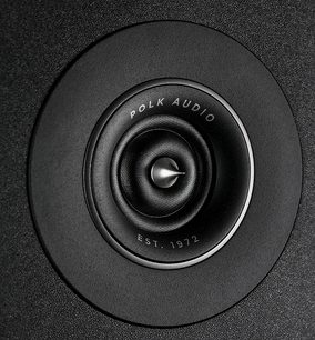 Polk Audio R300 nero, primo piano frontale dell'altoparlante centrale circolare in una cassa tonda nera opaca