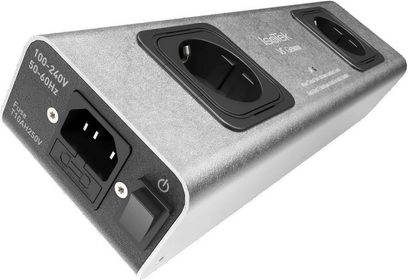 V5 GEMINI, zilverkleurige stekkerdoos, 2 stopcontacten, 1 schakelaar, 1 voedingsaansluiting, 1 zekering, perspectiefweergave