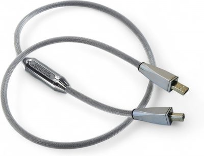 Siltech Explorer 45 USB-kabel i grå, flettet strømpe, metalstik USB‑A og mini‑USB, cylindrisk hus, set ovenfra