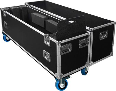 Sort Power Acoustics Flight-flightcase til to 65-skærme, åben, med sølvfarvede kanter og blå hjul