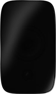 Sort Bowers & Wilkins AM1 udendørshøjttaler, set forfra, rektangulært kabinet med afrundede hjørner og sort perforeret metalfront