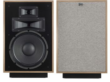 Coppia di diffusori Klipsch Heresy IV in quercia rossa, uno nudo con padiglioni e woofer, l'altro con griglia grigia