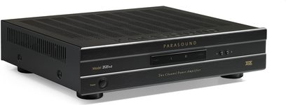 Parasound 2125v2 sort effektforstærker, set forfra, sort front med knapper og display, 2 kanaler